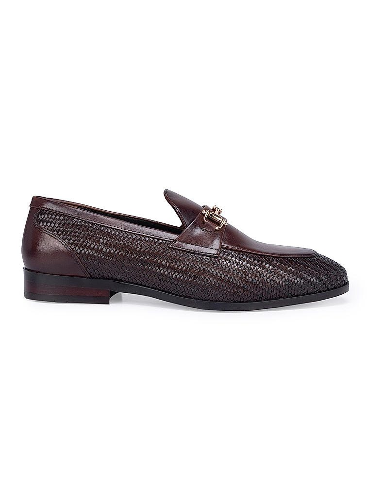 Coffee Textured Loafers With Buckle